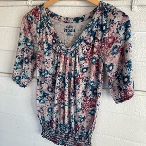 Mudd Boho pink, purple and teal three quarter length top, size small shirt